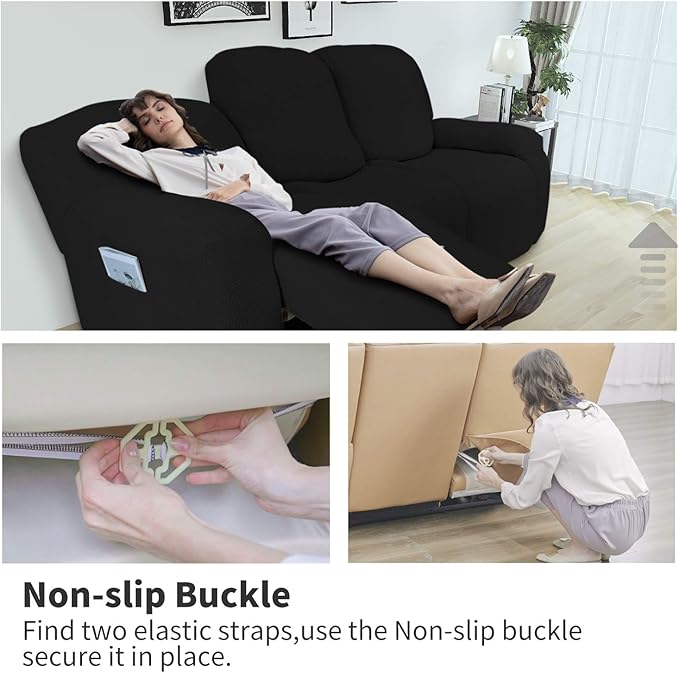 Easy-Going 8 Pieces Recliner Sofa Stretch Sofa Slipcover Sofa Cover Furniture Protector Couch Soft with Elastic Bottom Kids, Spandex Jacquard Fabric Small Checks Black