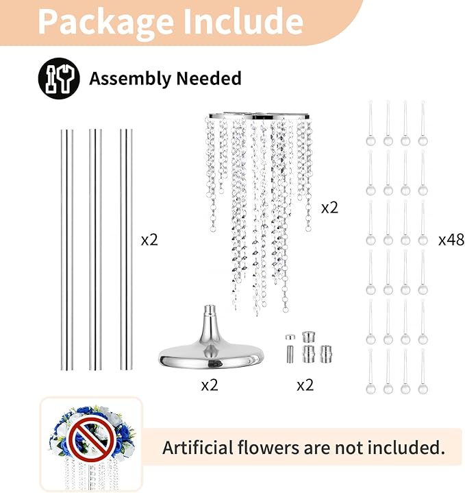 NUPTIO Silver Crystal Flower Vases for Weddings, 2 Pcs 39.4in Tall, Elegant Party Decorations