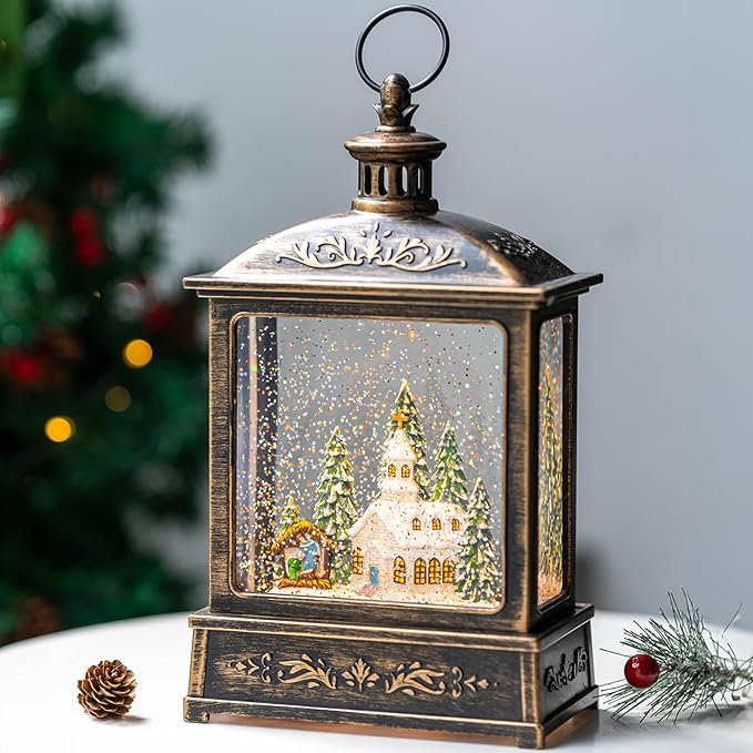 12.5'' Musical Snow Globe Lantern Lighted Church with Nativity Manger Scene Water Lantern in Swirling Glitter, Christmas Home Decoration and Gift, Battery Operated or USB Powered