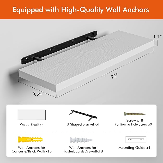 23’’White Floating Shelves for Wall,Rustic Wood Shelf for Room Decor/Storage/Display,Small Bookshelf,Wall Mounted Hanging Shelves for Bedroom, Bathroom, Living Room, Kitchen,Set of 4