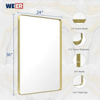 WEER Gold Bathroom Mirror, 24X36 Inch Brushed Gold Metal Frame Mirror, Rounded Rectangle Gold Bathroom Vanity Mirror for Wall, Tempered Glass, Anti-Rust, Hangs Horizontally or Vertically