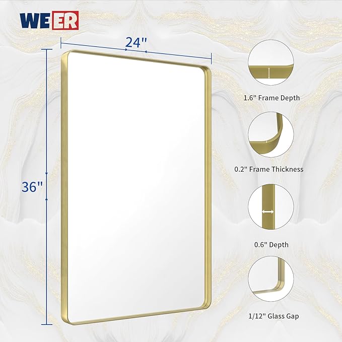 WEER Gold Bathroom Mirror, 24X36 Inch Brushed Gold Metal Frame Mirror, Rounded Rectangle Gold Bathroom Vanity Mirror for Wall, Tempered Glass, Anti-Rust, Hangs Horizontally or Vertically