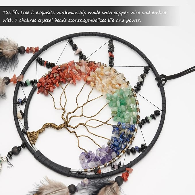 7 Chakras Dream Catchers Tree of Life Dream Catcher Black Feather Wall Decor with Rainbow Healing Crystal Stone Ornaments Wall Art Hanging for Bedroom Home Decor Blessing Gift Wedding Party -23.6"