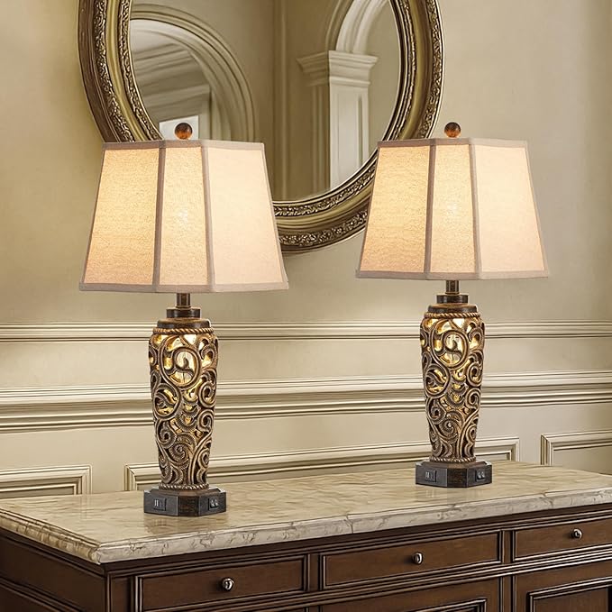 27" Set of 2 Farmhouse Table Lamps for Living Room with USB A+C Ports, Vintage Nightstand Bedroom Lamp and Nightlight, Hollow Out Resin Desk Lamps, 2 Bulbs Include