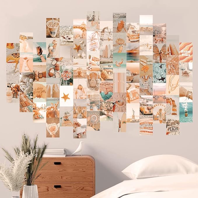 TRAMIN Peach Beach Posters, Wall Art Print for Room, Boho Style Collage Kit Aesthetic Pictures, 100 Pcs, Teal Color Room Decor for Girls, Dorm Photo Display