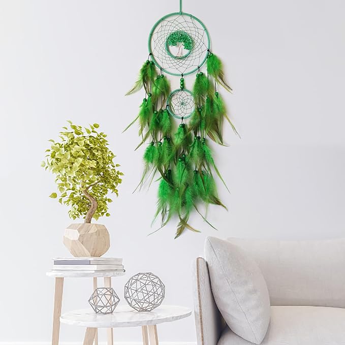 Green Dream Catcher Wall Decor Crystal Tree of Life Dream Catchers Handmade Feather Dreamcatcher Wall Hanging Ornament for Bedroom Living Room Home Decor