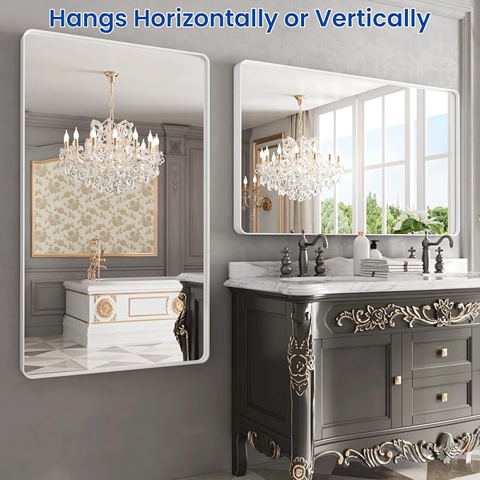 WEER White Bathroom Mirror 50X30 Inch, Rounded Rectangle White Metal Frame Mirror, Matte White Bathroom Vanity Mirror with Tempered Glass, Anti-Rust, Hangs Horizontally or Vertically