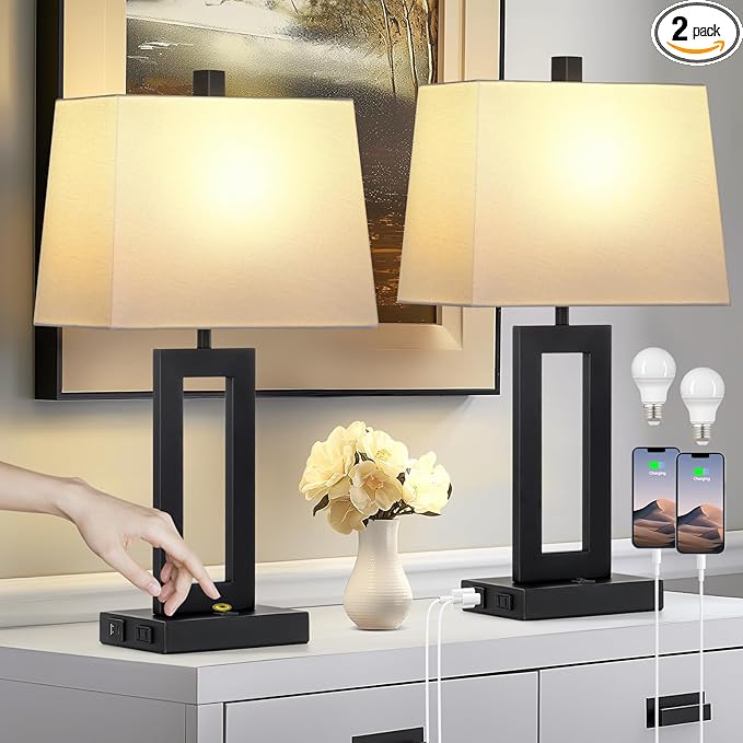 Table Lamp Set of 2 with USB C+A Ports & AC Outlet, Bedside Lamps, Modern Bedroom Lamps, Black Lamps for Night Stands Bedroom Living Room,Nightstand Lamp