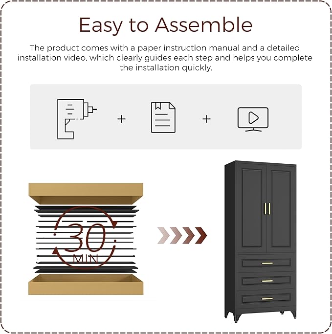 75" Kitchen Pantry Cabinet, Metal Storage Cabinets with Doors and Adjustable Shelves, Black Tall Pantry Cabinet with 3 Drawers for Dinning Living Room