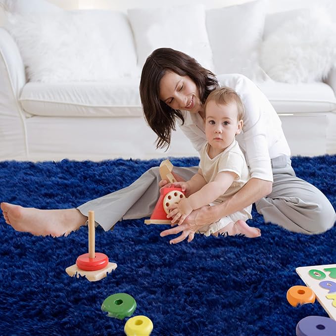 CAIYUECS Shag Area Rug,Indoor Ultra Soft Fluffy Plush Rugs for Bedroom Living Room, Non-Skid Modern Nursery Faux Fur Rugs for Kids Room Home Decor (6x9 Feet, Navy Blue)