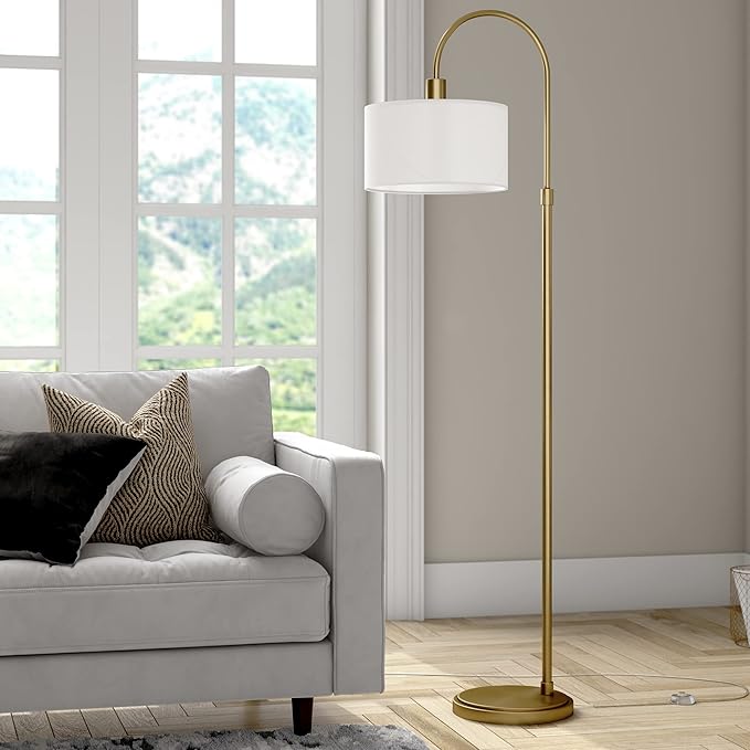 Veronica Arc Floor Lamp with Fabric Shade in Brass/White