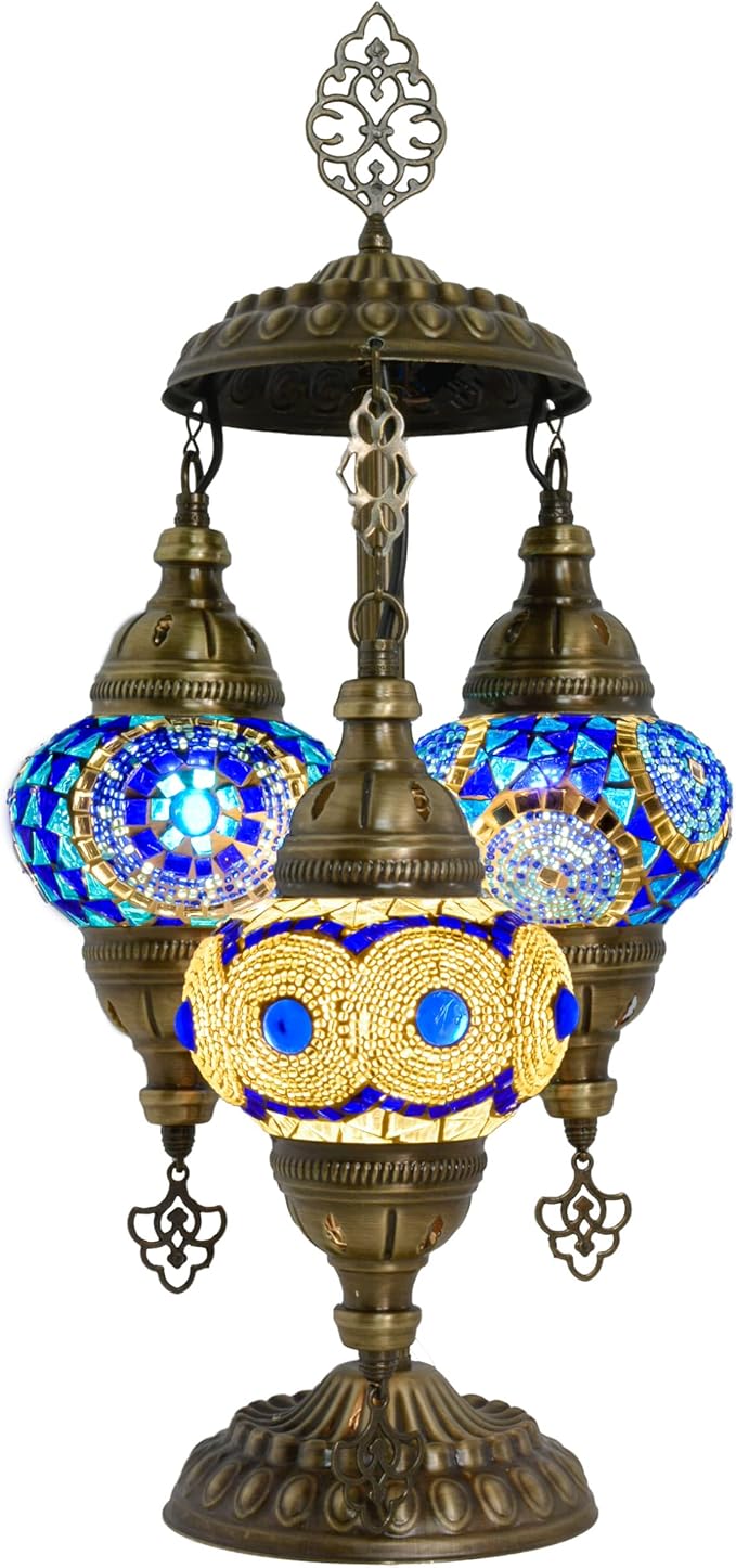 Mozaist Turkish Mosaic Lamp with Bulb – 3 Light Moroccan Table Lamp (Blue & White)