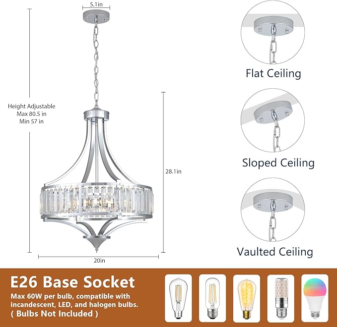 Modern Chrome Crystal Chandelier, 20 Inch Large Ceiling Pendant Light Fixture with 50'' Adjustable Hanging Chain, 5-Light Farmhouse Chandelier for Dining Room, Living Room, Bedroom, Entryway