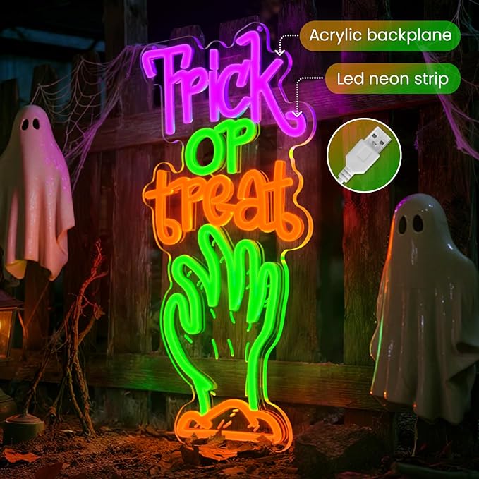 Halloween Neon Sign Trick or Treat LED Light – Spooky Zombie Hand Neon Wall Sign for Halloween Party, Kids Room,Indoor Outdoor Holiday Decor,22x42cm