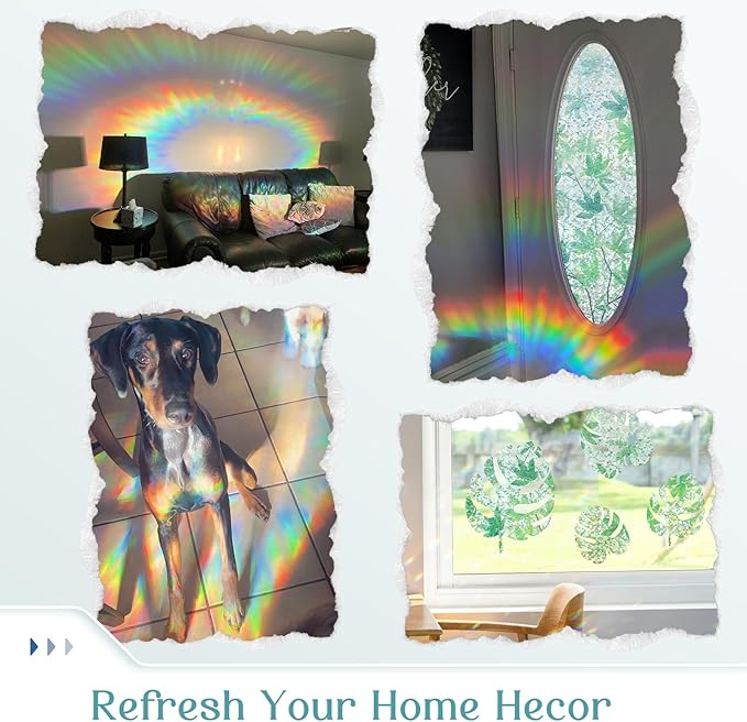 Haton Window Privacy Film, Decorative Stained Glass Window Clings, 3D UV Sun Blocking Sticker, Removable Static Cling Heat Control Tint for Home Door, Leaf Rainbow, 17.5" x 78.7" Non-Adhesive