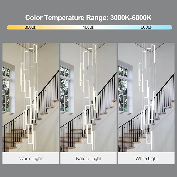 Modern Adjustable Height Pendant Light Fixture White 288W LED Pendant Lights 16 Rings Rectangular Chandelier Staircase Large Chandelier Lobby Living Room Foyer High Ceiling Chandeliers