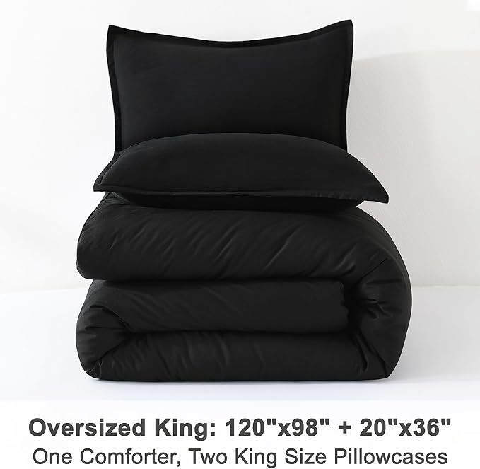 Litanika Comforters Black Oversized King Size, 3 Pieces Lightweight Solid Bedding Comforter Set, All Season Fluffy Bed Set (120x98In Comforter & 2 Pillowcases)