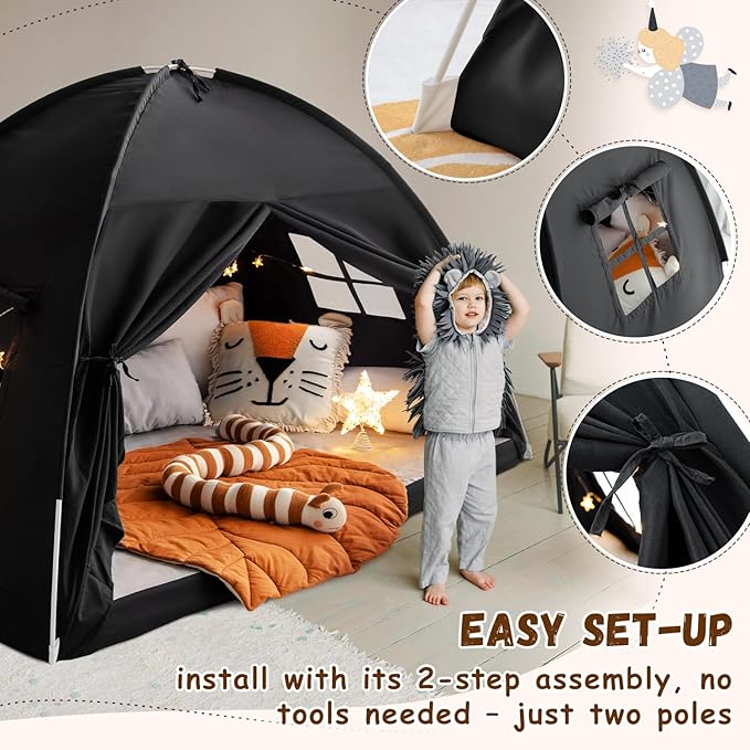 Sherilyn Twin Size Bed Canopy Bed Tents Dream Tent on Bed Privacy Space Blackout Sleeping Tents Indoor Breathable Portable Cottage Floor Drafty Room (Black)