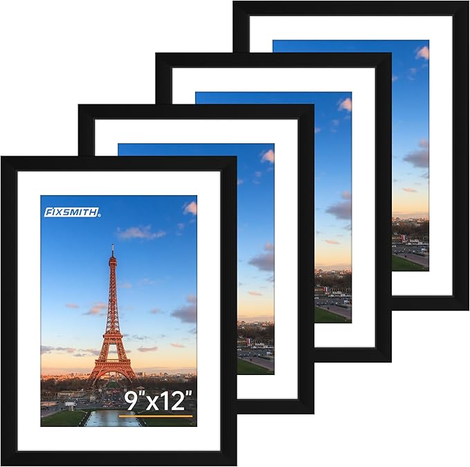 FIXSMITH 9x12 Picture Frame Set of 4, Photo Frame with HD Plexiglass, Display Pictures 6x8 with Mat or 9x12 Without Mat, Black Picture Frames Collage Wall Decor, Gallary Wall Frame