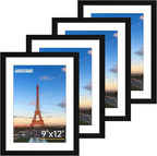 FIXSMITH 9x12 Picture Frame Set of 4, Photo Frame with HD Plexiglass, Display Pictures 6x8 with Mat or 9x12 Without Mat, Black Picture Frames Collage Wall Decor, Gallary Wall Frame