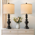 BOBOMOMO 24" Traditional Farmhouse Table Lamp Set of 2, Vintage Resin Lamps for Living Room Bedroom, Rustic Nightstand Lamp with Linen Shades, Retro Black Table Lamps for Living Room, Bedroom, Office