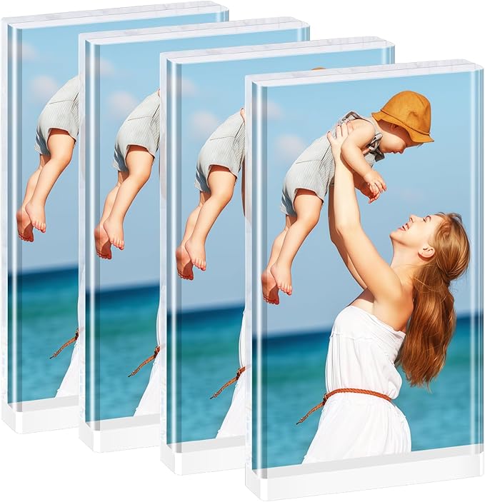 5x7 Acrylic Picture Frame, 4-Pack Magnetic Free-Standing Double-Sided Vertical Display, Clear Frameless Panels, Discreet White Base for Desk/Tabletop, Home & Office Decor