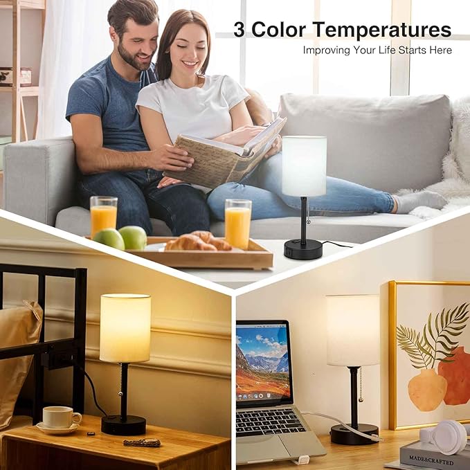 Small Bedside Table Lamp for Nightstand with USB & Outlet, 3 Color, Matte Black, White Lampshade (LED Bulb Included)