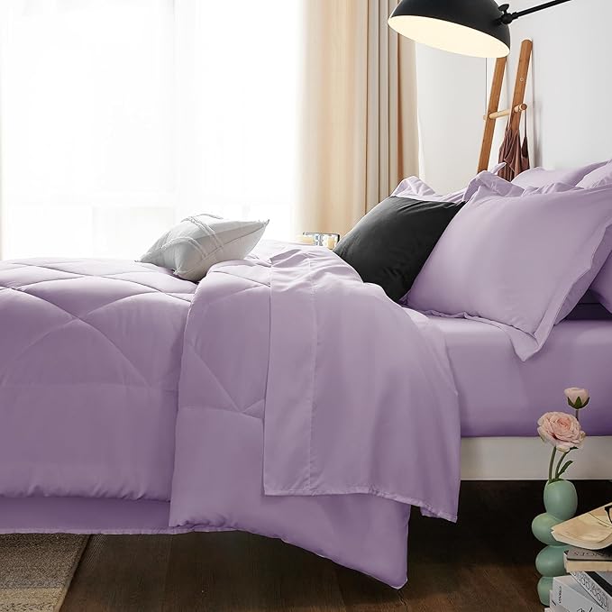 CozyLux Queen Comforter Set Light Purple - Bed in a Bag Queen Size 7 Pieces, Luxury Soft Lavender Bed Set for All Seasons, Bedding Set with Down Alternative Comforter, Sheets, Pillowcases & Shams