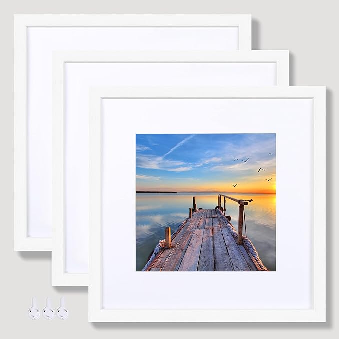 12x12 White Picture Frame set of 3, Made of Real Glass and Wooden Square Photo frame - Displays Picture 8x8 With Mat or 12 x 12 Without Mat, Desktop & Wall Collage Photo Frame