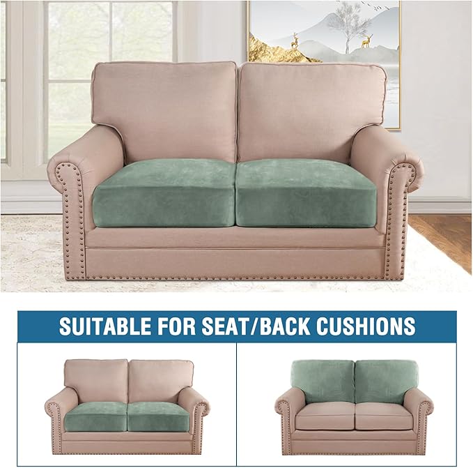 H.VERSAILTEX Velvet Stretch Couch Cushion Cover Plush Cushion Slipcover for Loveseat Cushion Furniture Protector Seat Cushion Sofa Cover (2 Piece Medium Sofa Cushion Covers, Sea Grass)