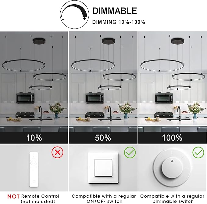 Modern Led Chandelier, 3-Rings Light Modern Led Pendant Light Black Dimmable Integrated Ceiling Hanging Pendant Lighting for Kitchen Island Dining Room Living Room Office 3000K 4000K 6000K