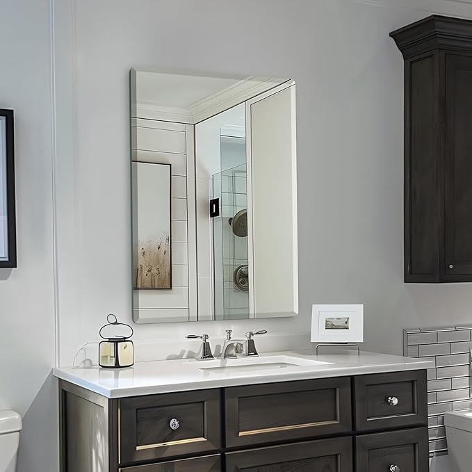 Mirrorons Beveled Mirror, Wall Mirror 24" x 36", Frameless Rectangle Bathroom Mirror with Beveled Edge, Hangs Horizontally or Vertically. Rounded Corner Tempered