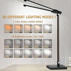 Retractable Dimmable LED Desk Lamp with USB Charging Port, 50 Lighting Modes Dual Swing Arm Architect Adjustable Table Lamp Light Desk Lamp for Home Office Dorm Piano Nail, Black