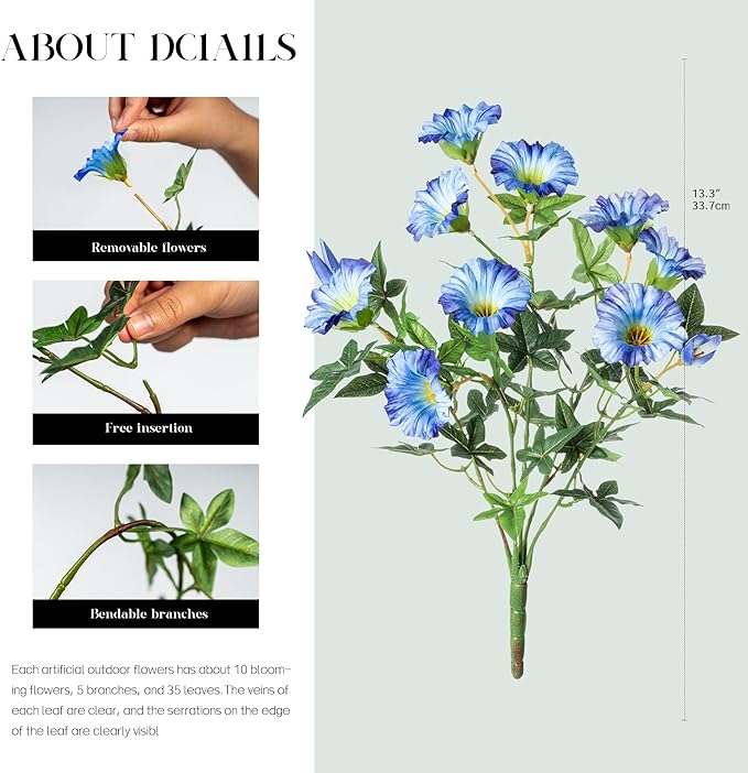 Artificial Flowers Fake Flowers Plants 13.3in Artificial Morning Glory Silk Flowers Uv Resistant Artificial Outdoor Plants 8PCS for Yard Decorations Outdoor(Blue)