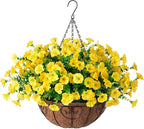 Artificial Fall Flowers Fake Hanging Plants Flowers Basket for Outdoors Autumn Decoration, Yellow Silk Morning Glory with Eucalyptus Look Real UV Resistant Faux Flowers for Outside Porch Patio Balcony
