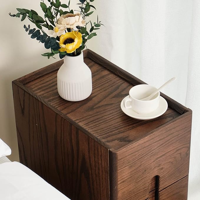 Mid Century Modern Nightstand, Narrow Nightstand, Minimalist Side Table for Bedroom, 2-Drawer Bedside Tables (Walnut, 9.84inches)