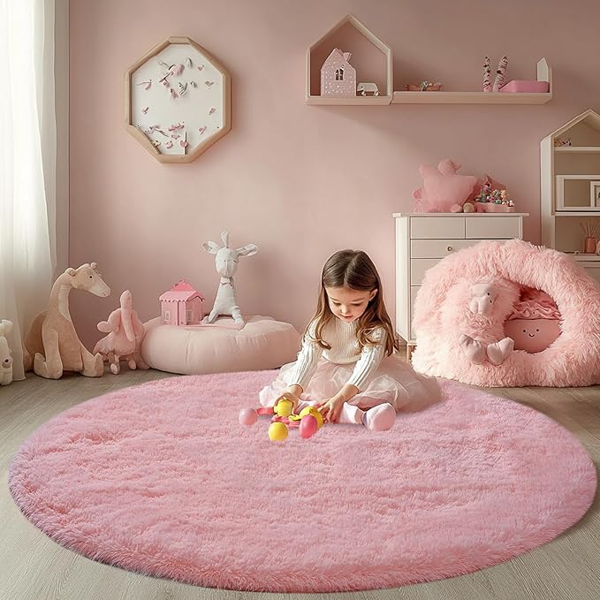 Blush Round 4x4ft Fluffy Rug: Ultra Soft Furry Girls Bedroom Carpet- Circle Plush Shag Nursery Rug for Girls Room & Kids Room- Blush Plush Area Rugs for Bedroom, Living Room, Home Decor