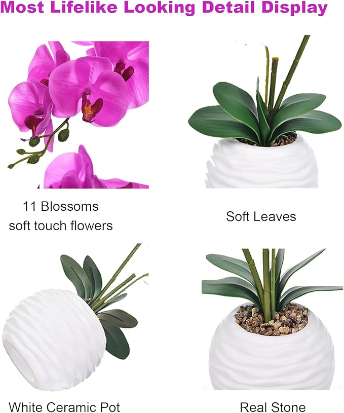 Artificial Potted Orchid Faux Phalaenopsis Silk Flowers Bonsai Realistic Arrangement in Ceramic Vase for Home Decoration Table Centerpiece, Fuchsia