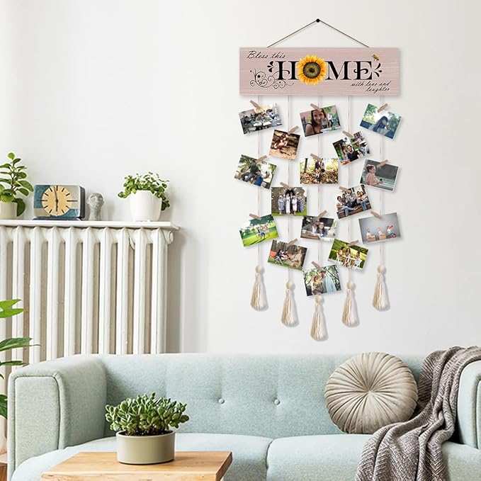 Bless This Home with Love and Laughter Hanging Photo Display Board with 16 Clips 5 Strings,Rustic Style Picture Collage Frames Wall Decor Wood Hanging for Home Décor,Housewarming Gifts