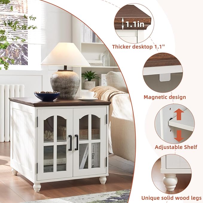 Farmhouse End Table Set of 3 with Charging Station, 18'' Narrow Side Table and 24" Large Sofa Side Table with Glass Barn Door Storage, Wood Night Stand Bedside Table for Living Room,Bedroom