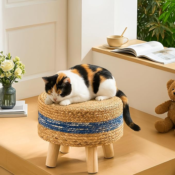 Handwoven Round Ottoman, Natural Water Hyacinth Outdoor Patio Pouf Seagrass Low Stool with Wood Legs, Soft Padded Footrest for Living Room Bedroom Garden, Blue