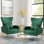 X-VOLSPORT Velvet Accent Chairs Set of 2, Mid Century Modern High Back Living Room Chair with Waist Pillow, Upholstered Arm Chair with Metal Gold Legs for Bedroom, Club, Green
