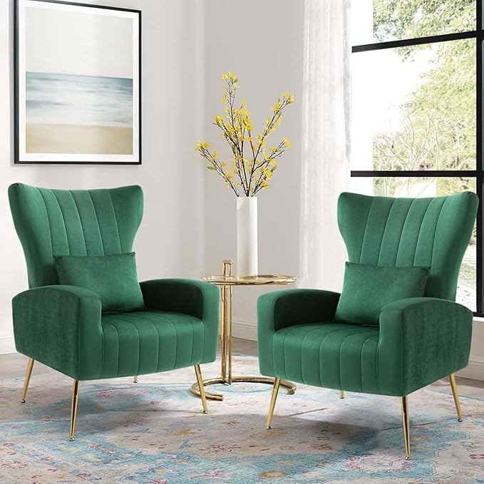 X-VOLSPORT Velvet Accent Chairs Set of 2, Mid Century Modern High Back Living Room Chair with Waist Pillow, Upholstered Arm Chair with Metal Gold Legs for Bedroom, Club, Green
