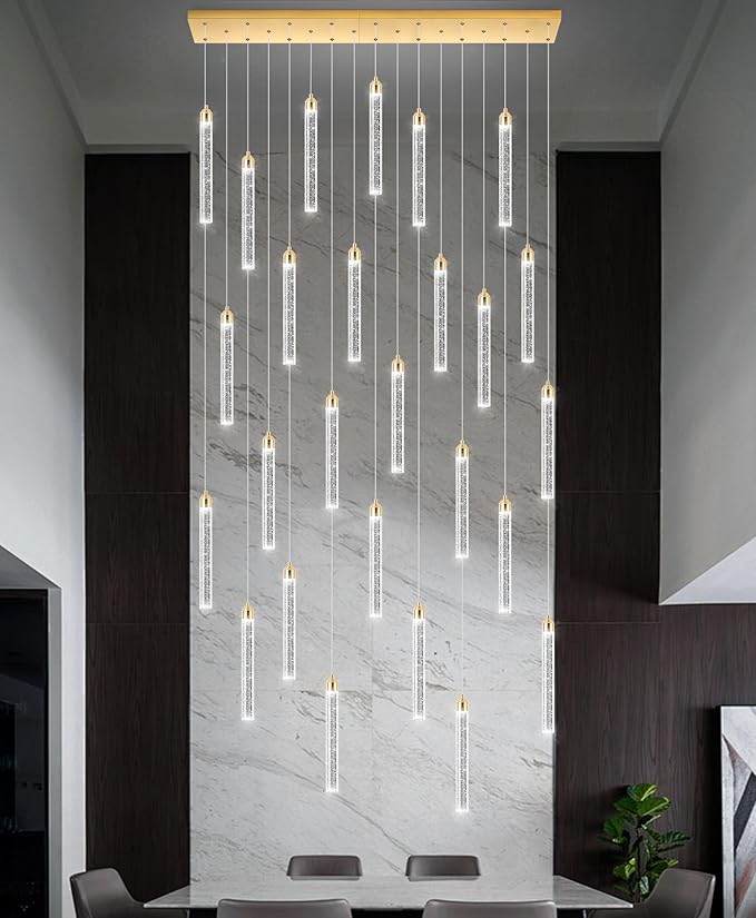 Rectangular Chandeliers 26-Lights Long Light for Entryway LED Dimmable Chandeliers Lighting Fixture Flat Sloped High Ceiling Pendant Lights Crystal for Living Room Foyer Hallway Staircase Gold
