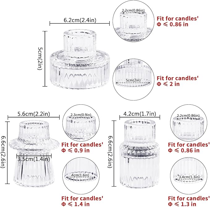 Candlestick Holders Set of 3, Ribbed Glass Taper Candle Holders, Reversible Clear Tealight & Candle Stick Candle Holder Vintage Crystal Tealight Candle Holder for Wedding Dinner Party