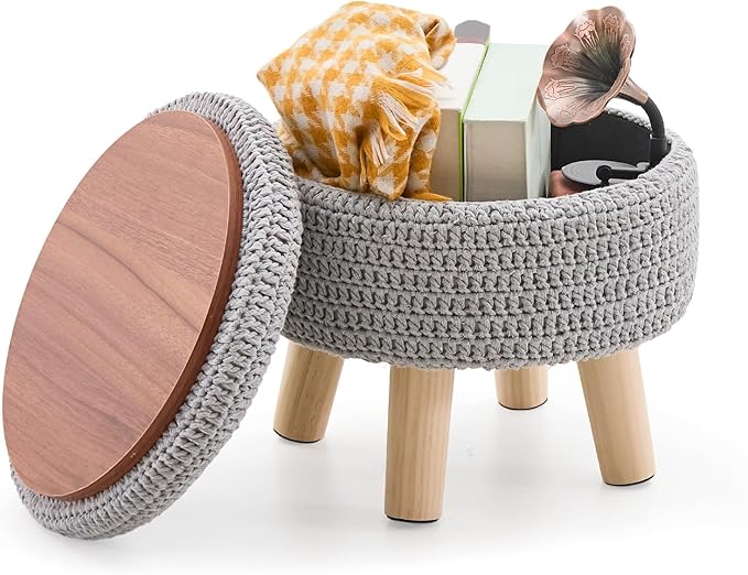 Wimarsbon Pouf Ottoman, 100% Cotton Knitted Boho Footstool, Round Footrest with Non-Skid Wood Legs, Home Décor Handmade Pouffe, Leisure Floor Step Stool for Living Room (Storage Grey)