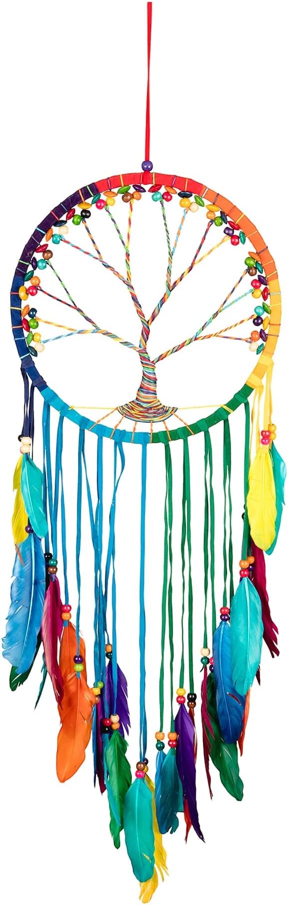 OMA Chakra Rainbow Dream Catcher, Tree of Life Design with Feathers and Beads, Rainbow Suede Authentic Traditional Dream Catcher Boho Home Decor - Large Size - 36" Long x 11" Diameter (Rainbow)