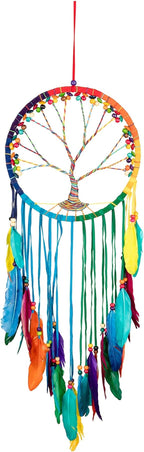 OMA Chakra Rainbow Dream Catcher, Tree of Life Design with Feathers and Beads, Rainbow Suede Authentic Traditional Dream Catcher Boho Home Decor - Large Size - 36" Long x 11" Diameter (Rainbow)