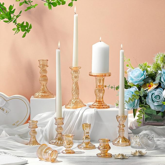 Mumufy 20 Pcs Glass Crystal Taper Candle Holders Clear Glass Candlestick Holder Fit 0.8 Inch Candles Crystal Decorative Candle Stand Centerpiece Table Wedding Dining Party (Gold)