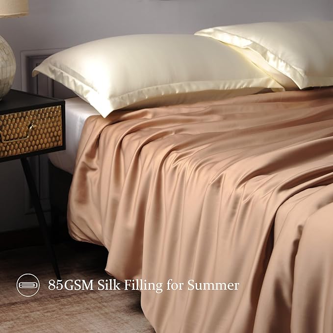 CUDDLE DREAMS Lightweight Silk Filled Comforter for Summer, Detachable Tencel Duvet Cover for Easy Care, Naturally Breathable (Bronze, Queen)